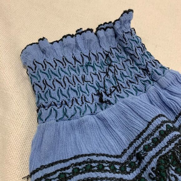 Free People Sz L Wind Willow oversized embroidered shirred mini dress boho blue - Picture 11 of 11